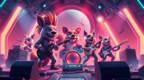 Experience a vibrant and futuristic sci-fi scene featuring a cartoon animal rock band.  Illuminated by epic lens flares and a