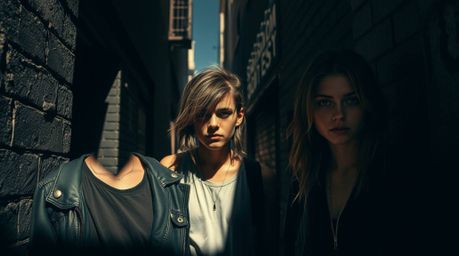 This image captures a grungy city alley divided into stark chiaroscuro sections, showcasing rebellious teens with striking fa