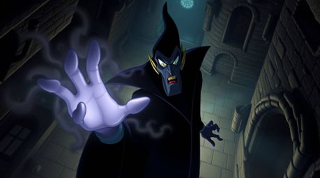 A captivating image showcasing a classic Disney villain with striking features, casting a spell within the ominous walls of a