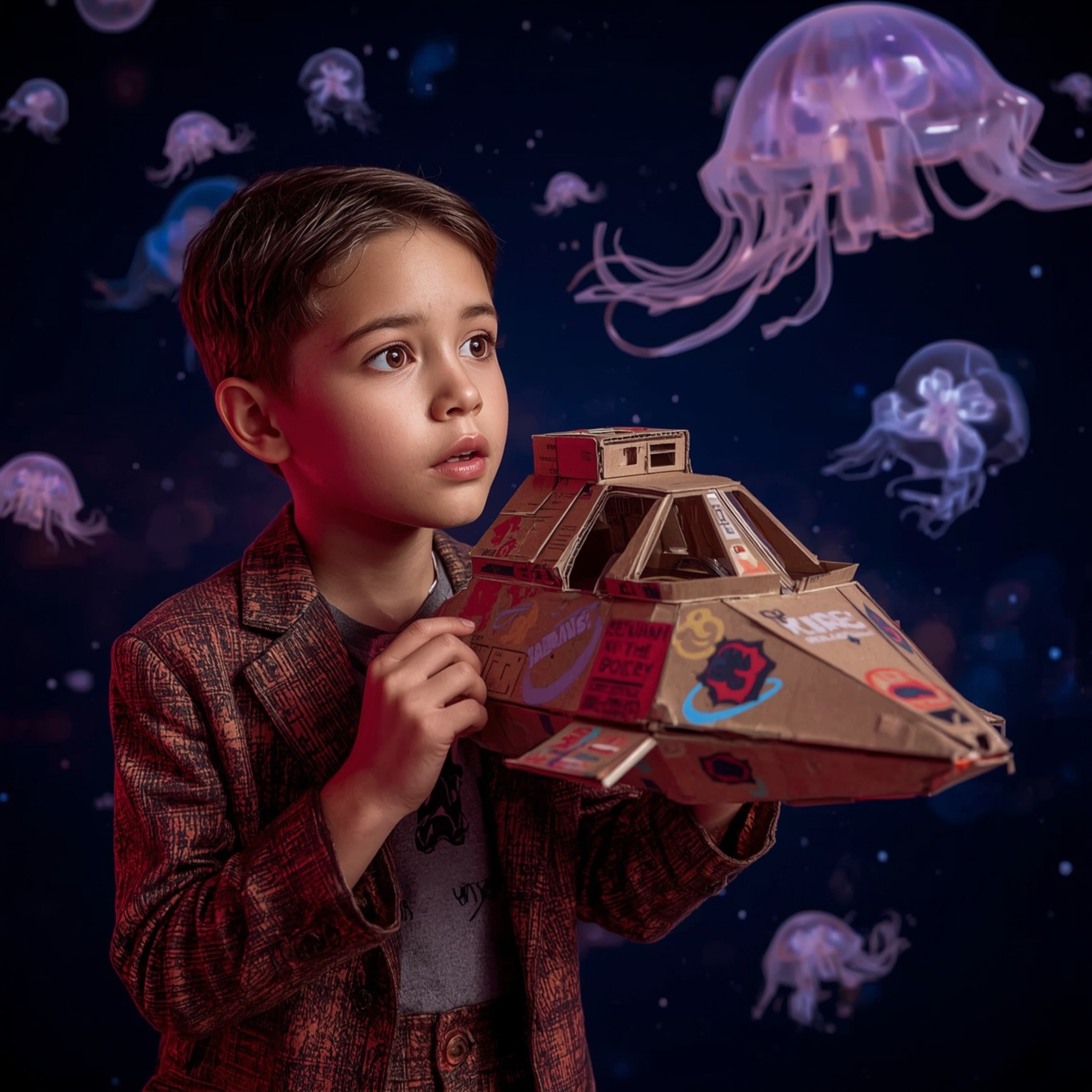 Exquisite high-fashion photography captures a boy with curious features, building a miraculously functional cardboard spacesh
