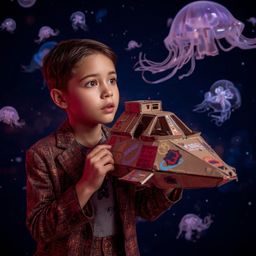 Exquisite high-fashion photography captures a boy with curious features, building a miraculously functional cardboard spacesh