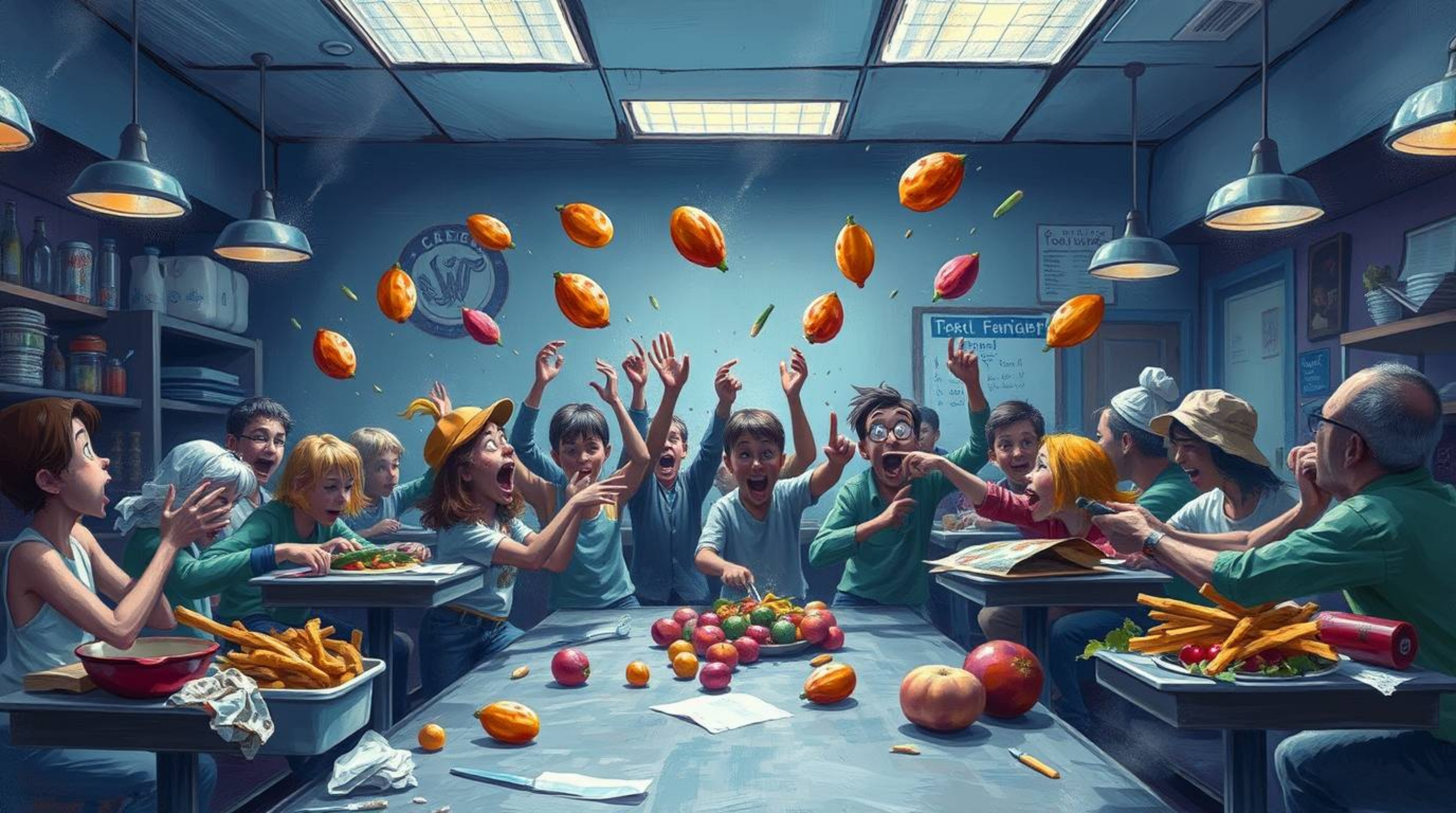 A vibrant and chaotic scene unfolds in this classic oil painting style image.  Witness a wild food fight erupting in a cartoo