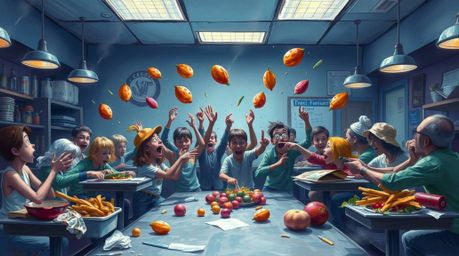 A vibrant and chaotic scene unfolds in this classic oil painting style image.  Witness a wild food fight erupting in a cartoo