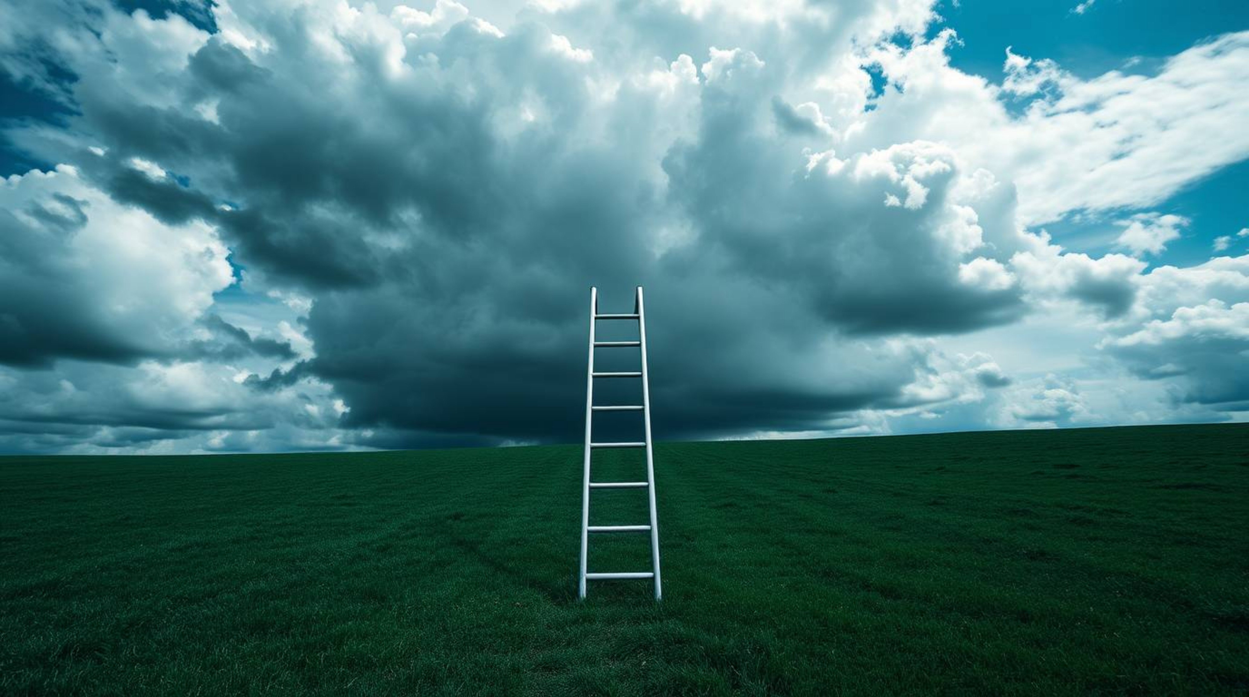 This image captures a minimalist scene of a silver ladder standing in an open field under a wide, cloudy sky. The high-contra