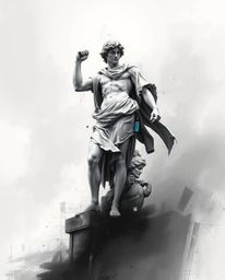 A captivating digital sketch depicts a classical sculpture shrouded in mist, featuring a vibrant glitch effect and a digital 