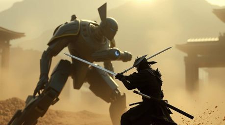 In a dystopian future, a samurai engages in a fierce battle against a robot. The scene is bathed in gentle, soft light, creat
