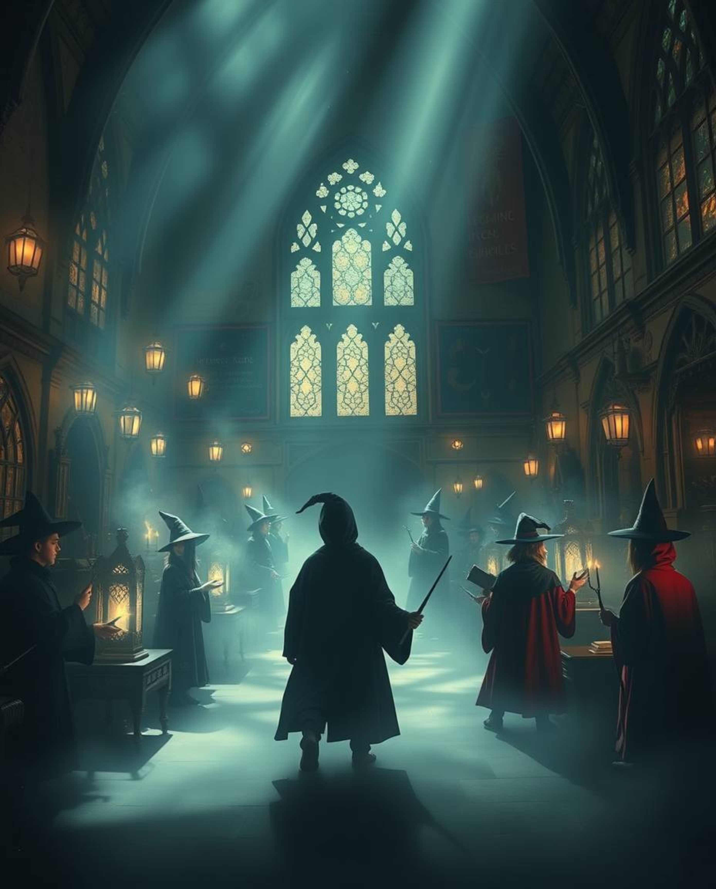 Discover a captivating image of a magical school brimming with young wizards.  Rendered in soft contrasting light and shadow,