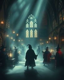 Discover a captivating image of a magical school brimming with young wizards.  Rendered in soft contrasting light and shadow,