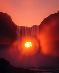 Volumetric lighting illuminates a sun setting behind a waterfall in a stunning display of nature's beauty. The atmosphere is 