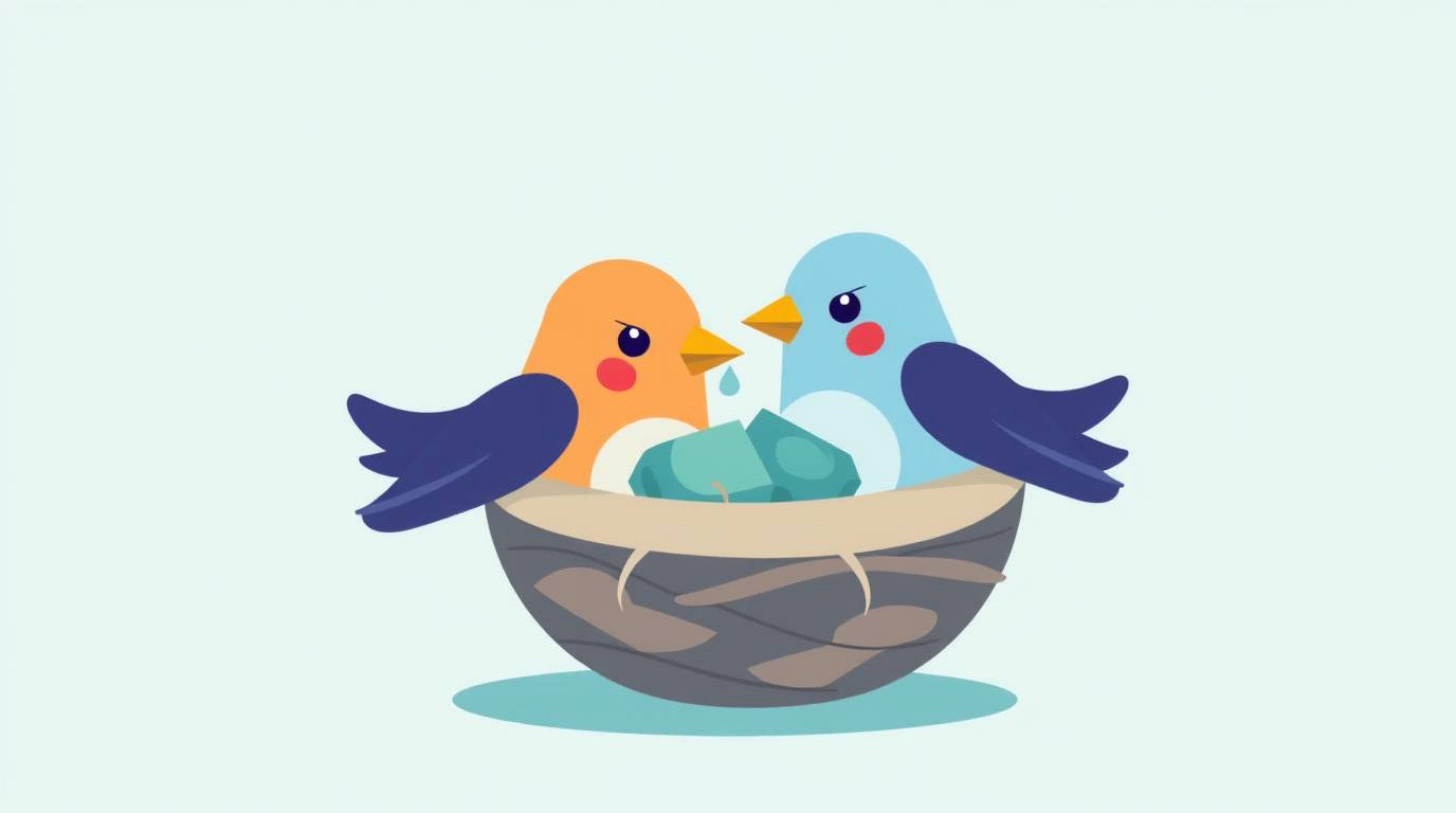This modern flat design illustration showcases two cartoon birds diligently constructing a nest using simple two-dimensional 