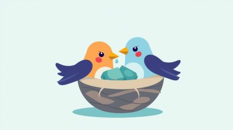 This modern flat design illustration showcases two cartoon birds diligently constructing a nest using simple two-dimensional