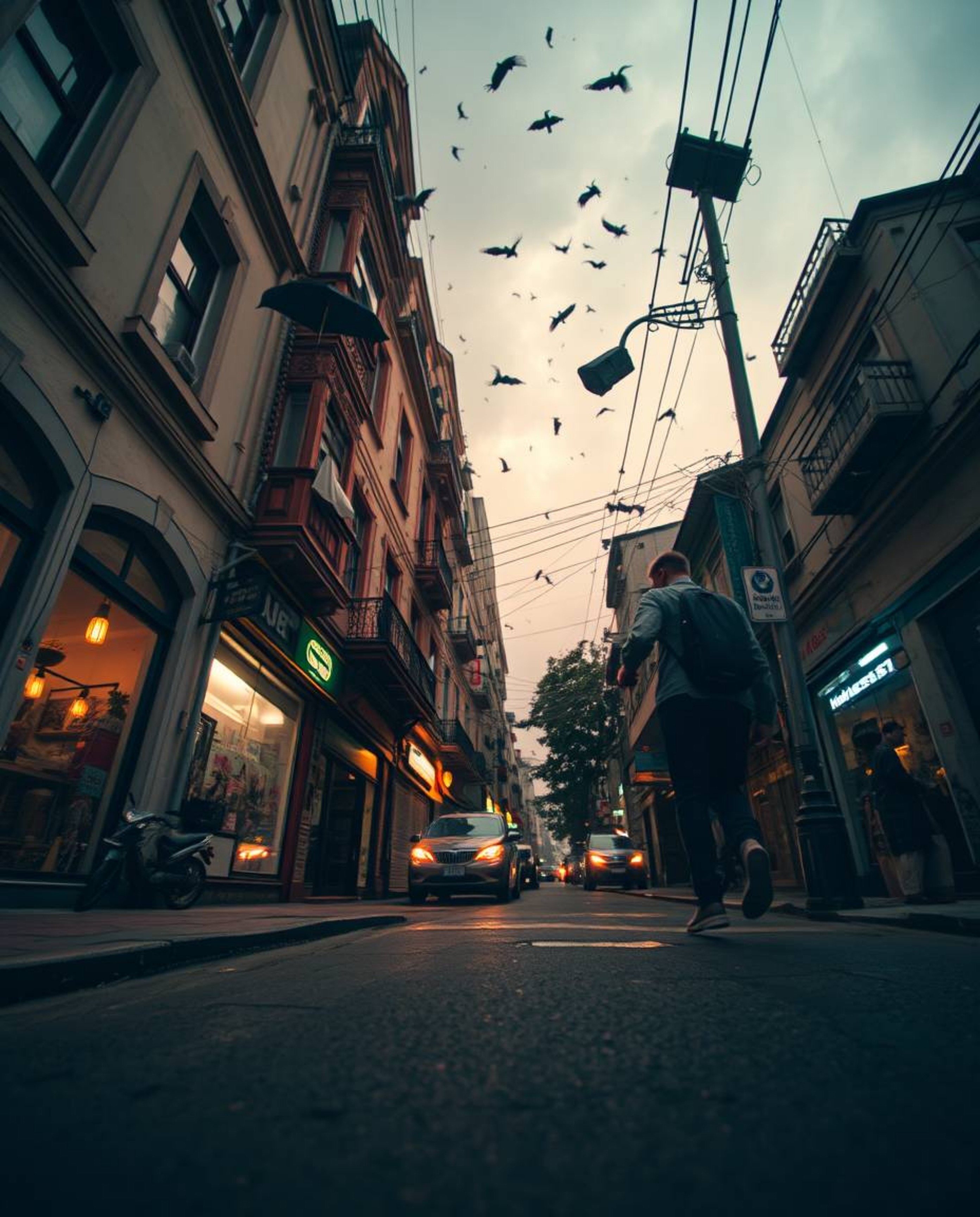 A captivating street photograph captured from a low angle, showcasing a surreal and mystic urban environment during a storm. 