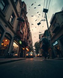 A captivating street photograph captured from a low angle, showcasing a surreal and mystic urban environment during a storm. 