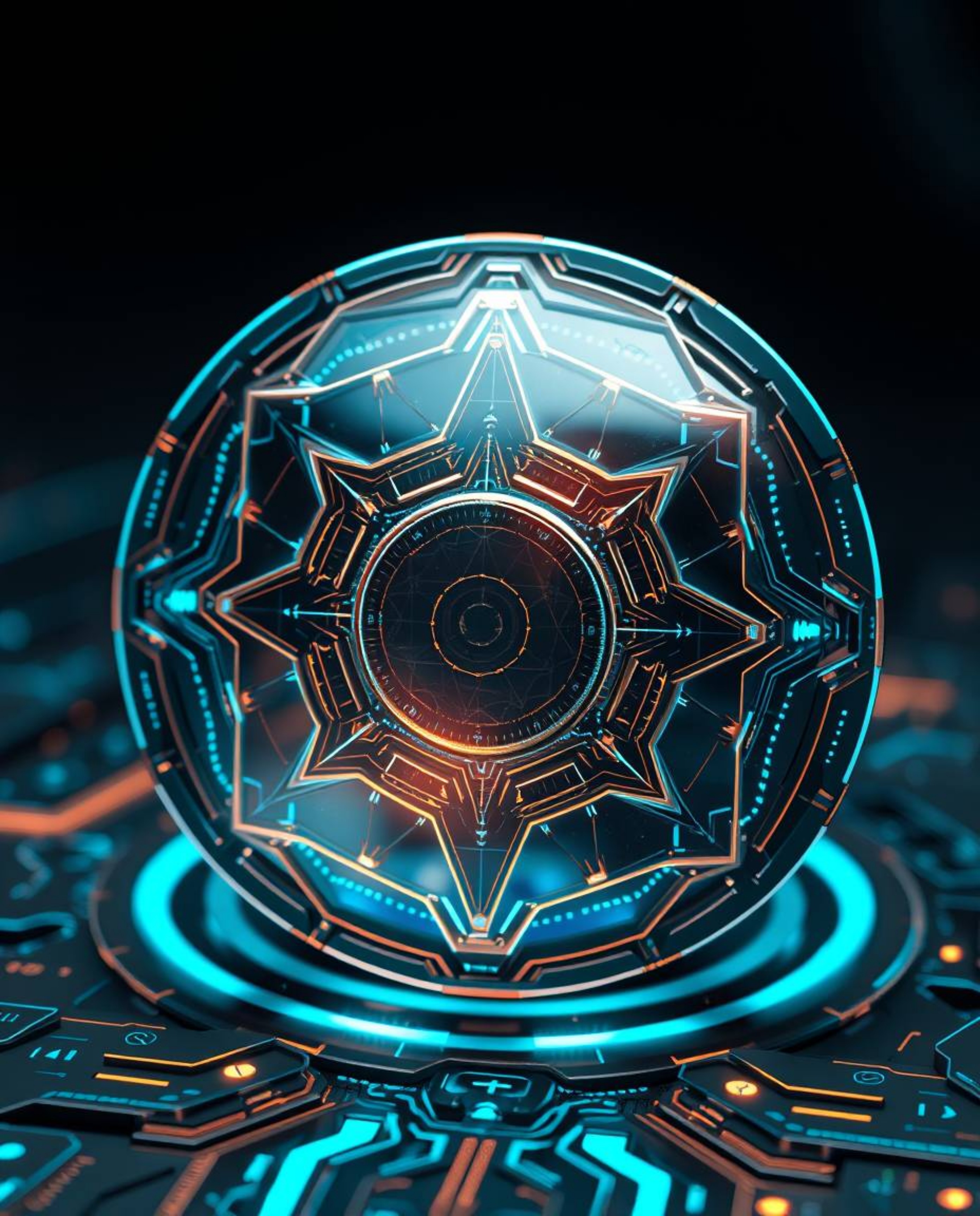 A stunning futuristic digital interface combines modern technology with classic aesthetics.  Featuring intricate geometric pa