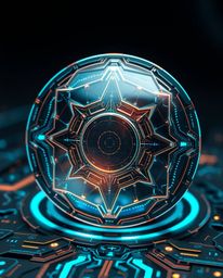 A stunning futuristic digital interface combines modern technology with classic aesthetics.  Featuring intricate geometric pa