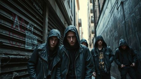 Candid street photography capturing a grungy city alley filled with rebellious teens, emphasizes an eerie and creepy atmosphe