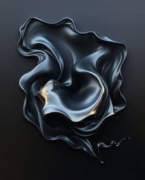An intense jet black bold acrylic painting featuring smooth 3D fluid shapes with metallic textures that appear to float in ze