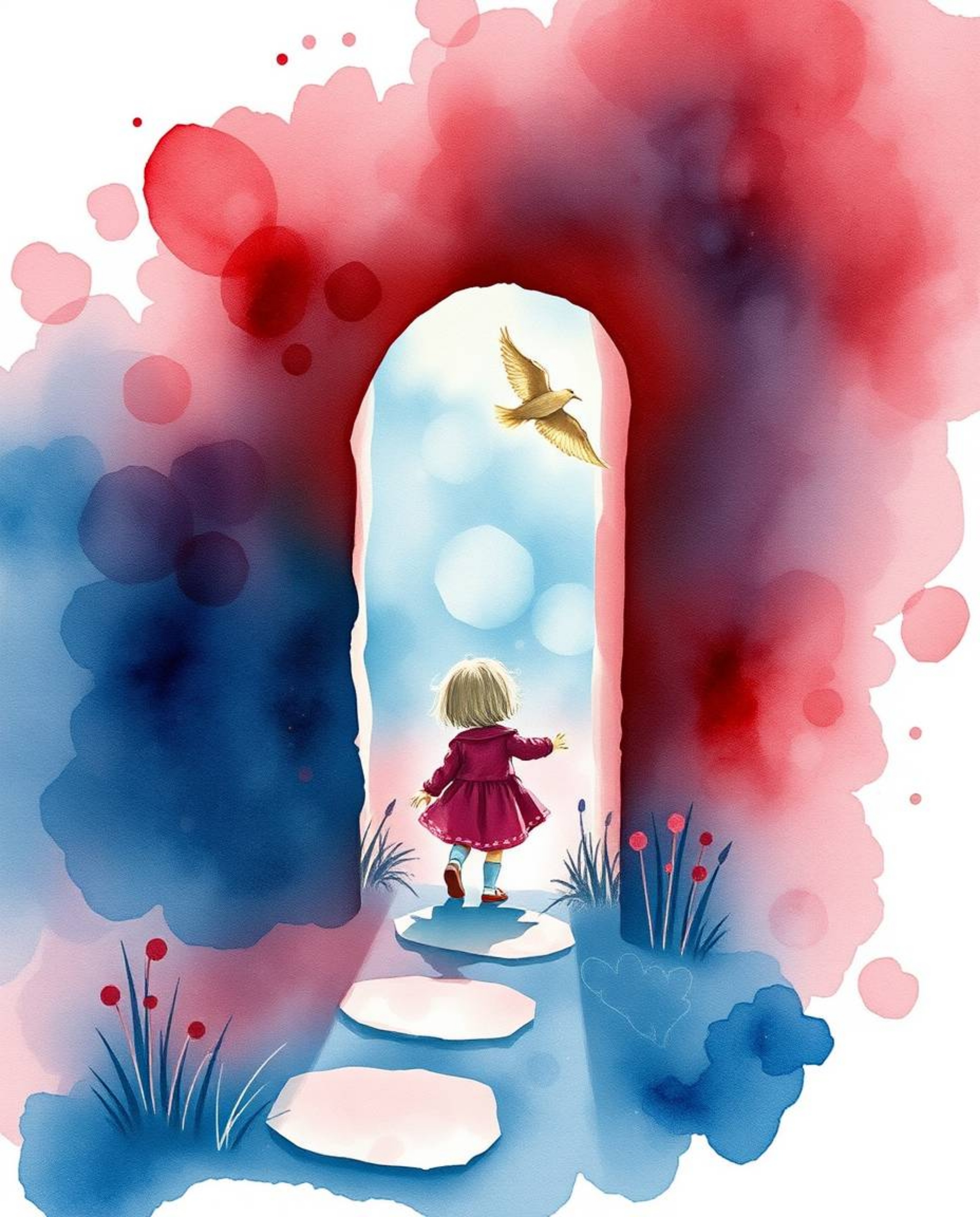 A captivating watercolor painting depicts a child's wondrous discovery of a magical portal hidden in their backyard. Rich bu