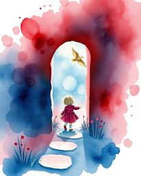 A captivating watercolor painting depicts a child's wondrous discovery of a magical portal hidden in their backyard. Rich bu