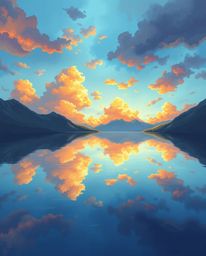 A charming and adorable digital painting depicts the reflections of fiery clouds in a mountain lake. The scene is dominated b