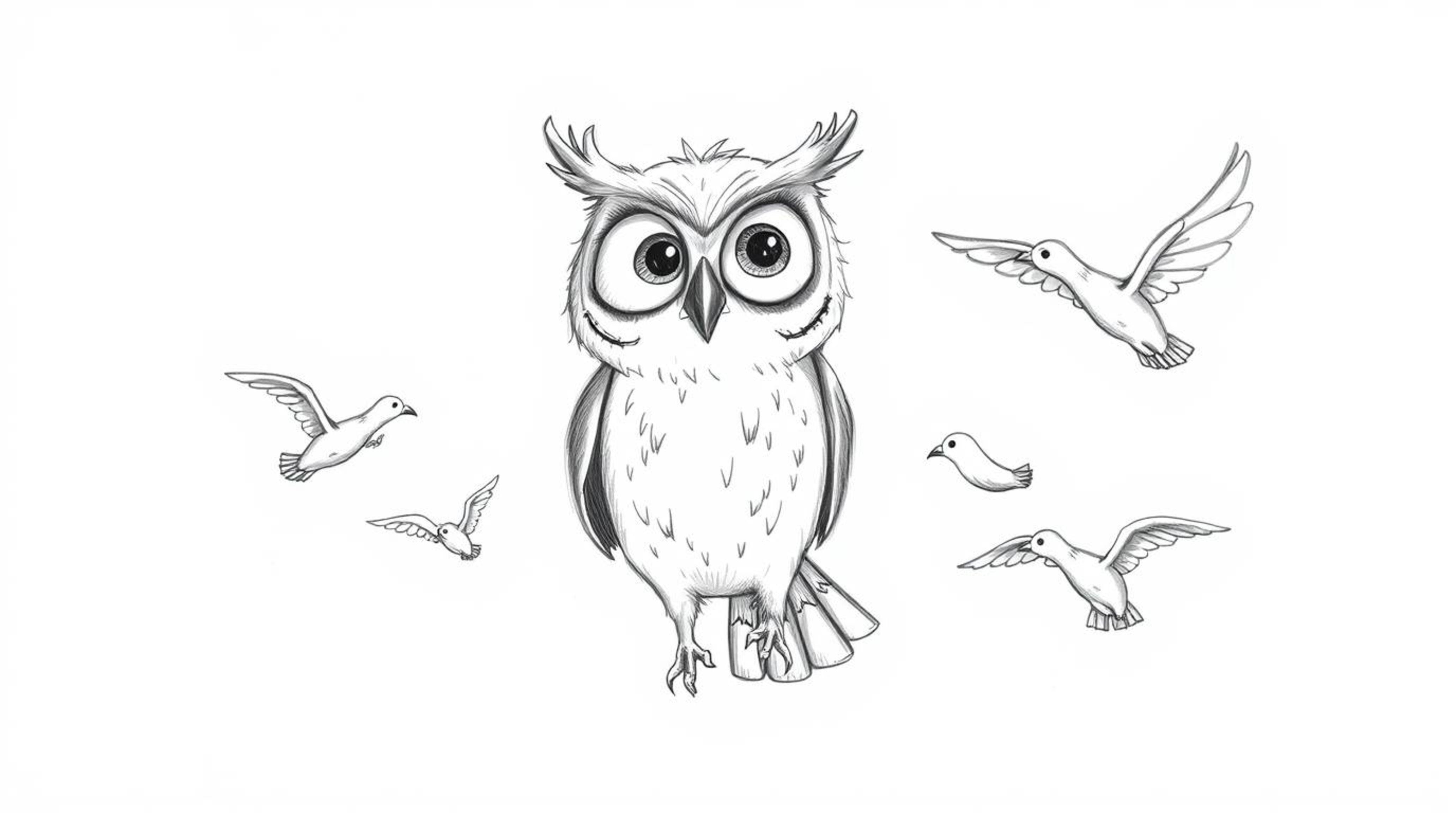 A heartwarming Pixar-style hand-drawn sketch depicts a blind owl with large, expressive eyes, passionately teaching birds how