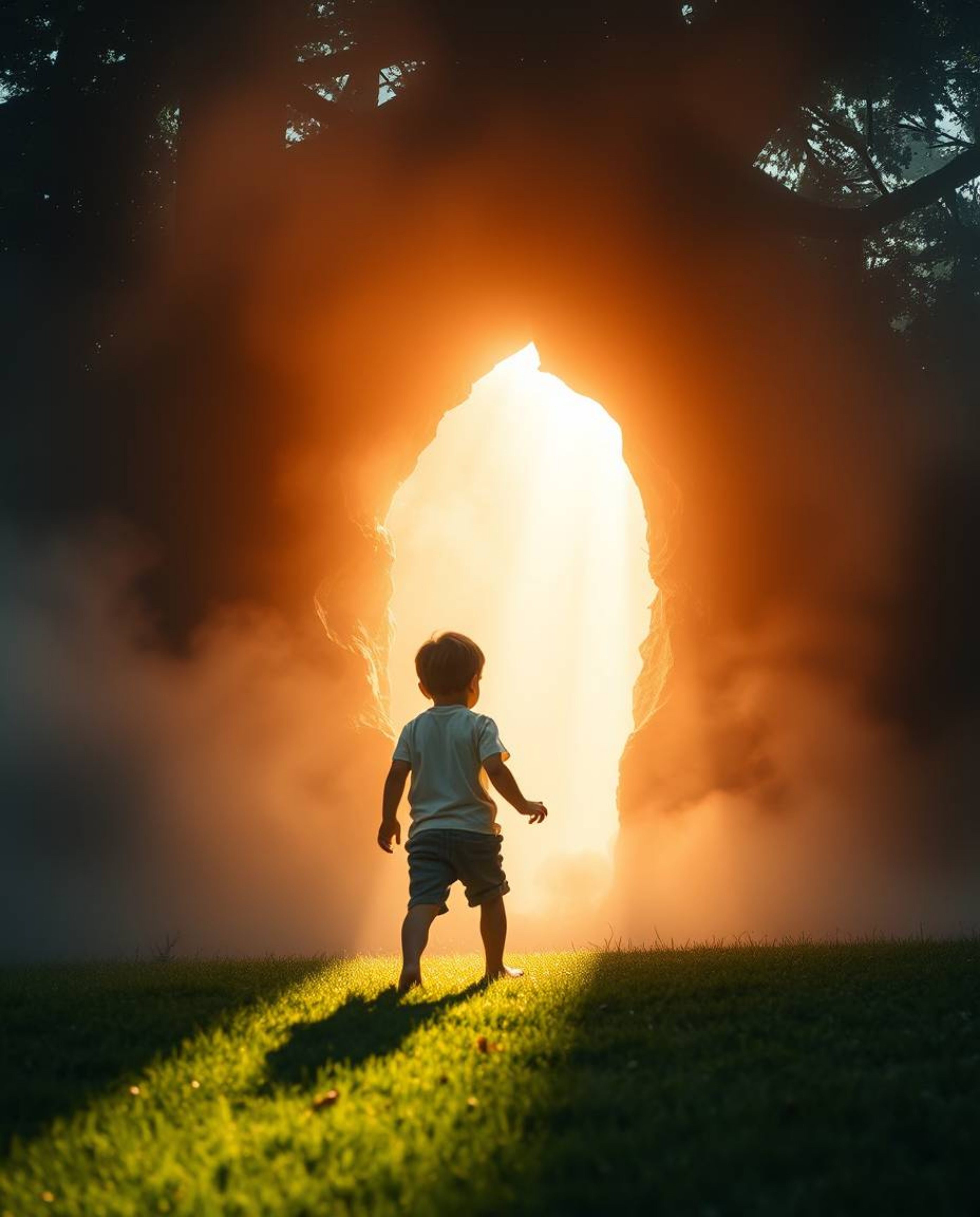 A child stumbles upon a breathtaking, otherworldly portal in their backyard, bathed in epic lens glow and volumetric lighting