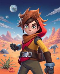 A brave, Disney-esque hero embarks on a thrilling adventure in a vibrant, futuristic desert landscape. This captivating scen