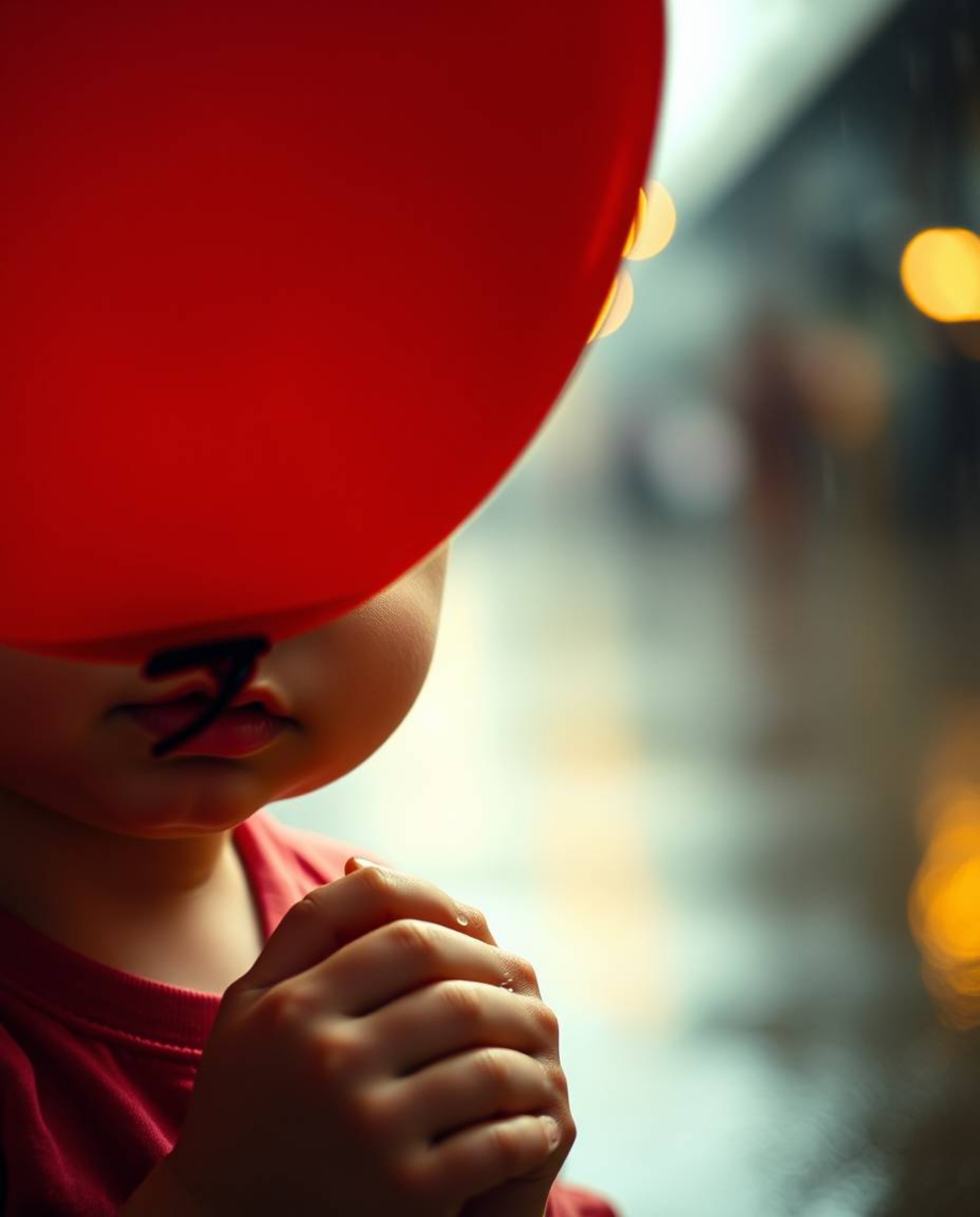 A captivating extreme macro photograph showcases a light-skinned child delicately holding a vibrant red balloon in a softly l