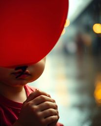 A captivating extreme macro photograph showcases a light-skinned child delicately holding a vibrant red balloon in a softly l
