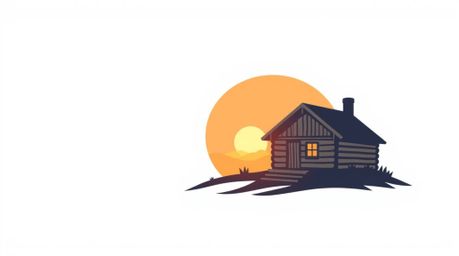 A logo design featuring an old wooden cabin silhouetted against a sunset sky, crafted with soft pastel colors and clean, geom