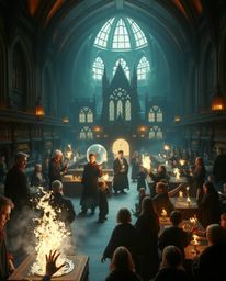 Experience an epic scene set within a massive magical school, teeming with young wizards honing their craft. This modern futu