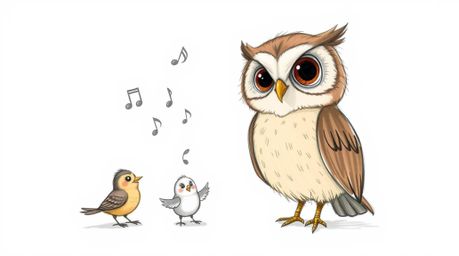 A heartwarming, hand-drawn sketch in Pixar style depicts a blind owl with soft brown feathers and large expressive eyes teach