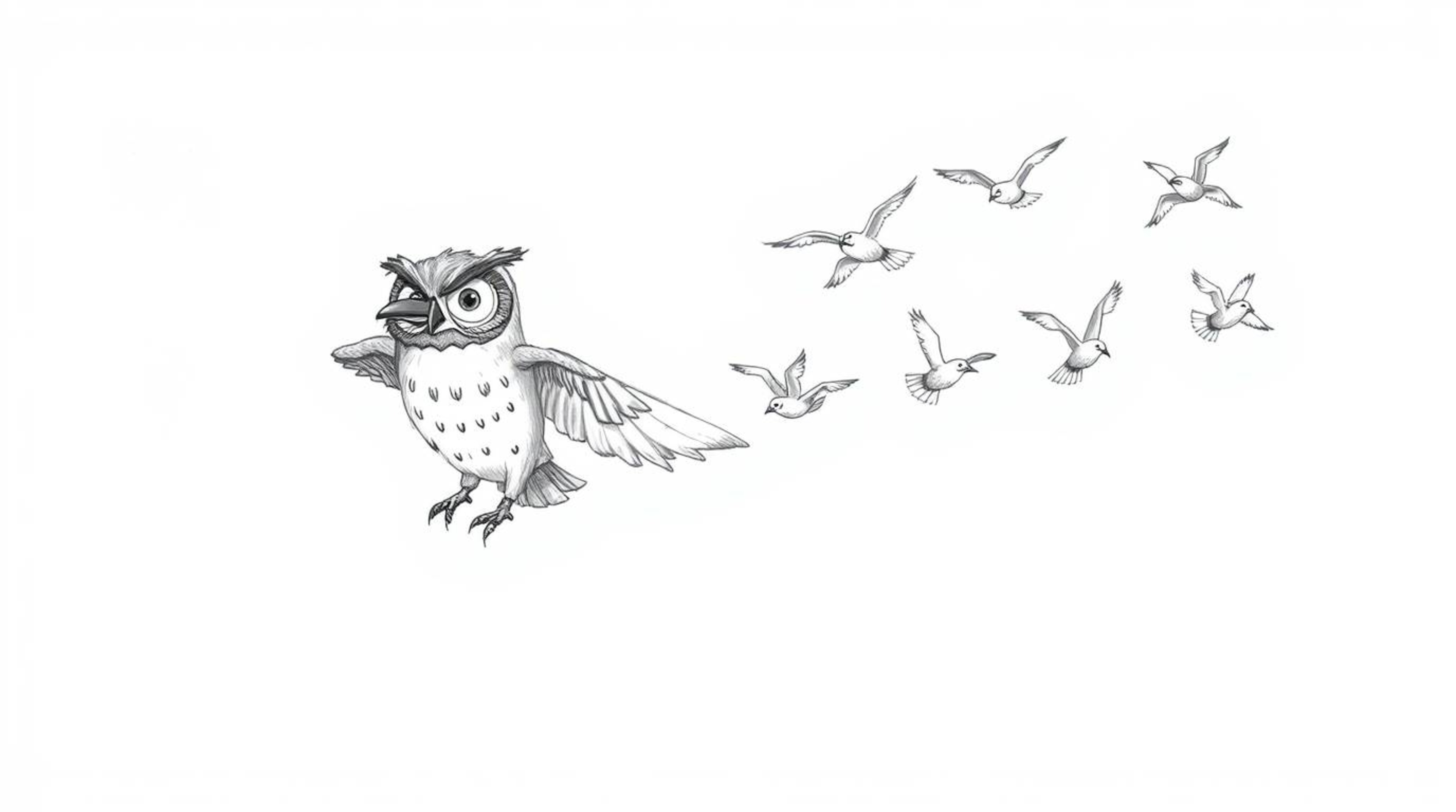 A hand-drawn sketch depicts a blind owl, beautifully rendered in a Pixar-inspired style with expressive eyes, leading a flock
