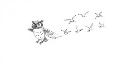 A hand-drawn sketch depicts a blind owl, beautifully rendered in a Pixar-inspired style with expressive eyes, leading a flock
