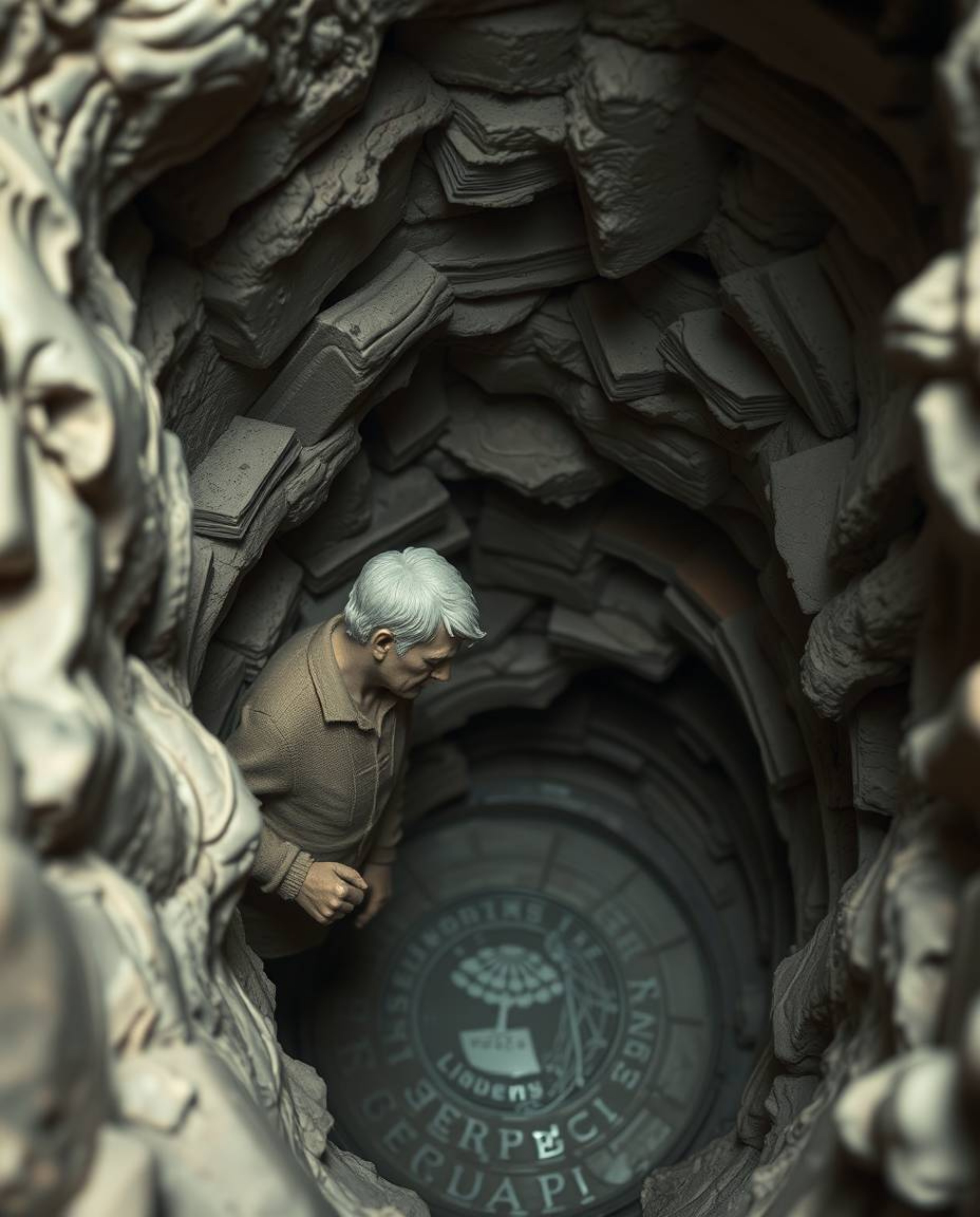 This high-angle sculptural clay artwork captures the moment a person discovers a hidden underground library. The piece featur