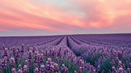 Captivating lavender fields glowing under a dreamy pink sky, meticulously rendered in cast bronze with a warm terracotta and 