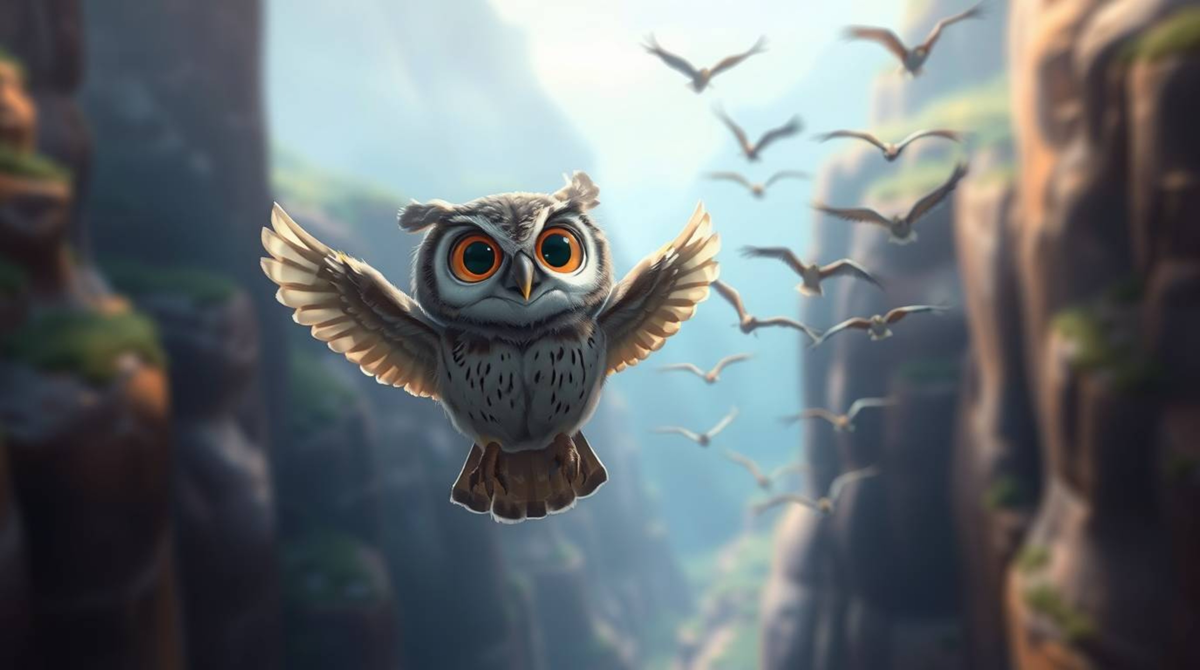 This is a photorealistic digital painting in a captivating Pixar style, featuring a wise blind owl with large, expressive eye