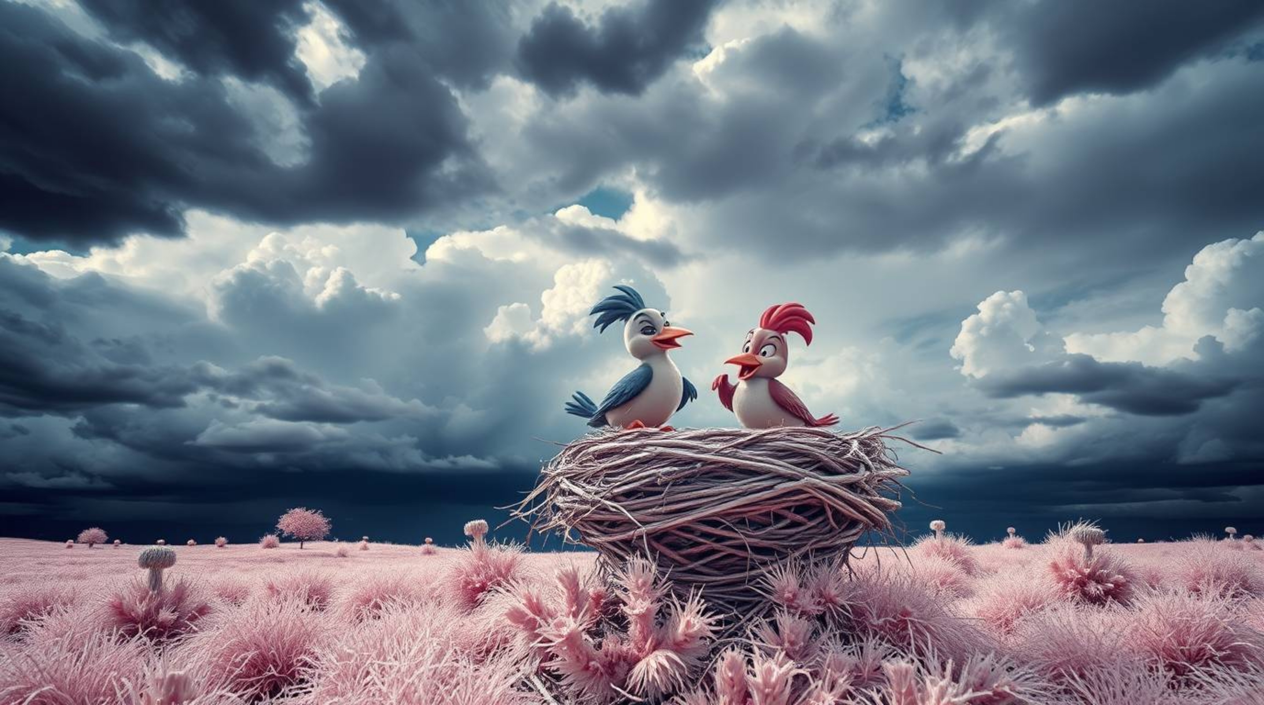 A captivating surreal infrared photograph depicts two cartoon birds meticulously constructing a nest in a classic animation s
