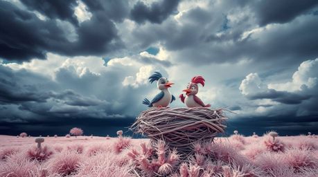 A captivating surreal infrared photograph depicts two cartoon birds meticulously constructing a nest in a classic animation s