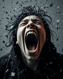 A captivating high-resolution commercial photo depicts a refined individual screaming as their world dramatically disintegrat