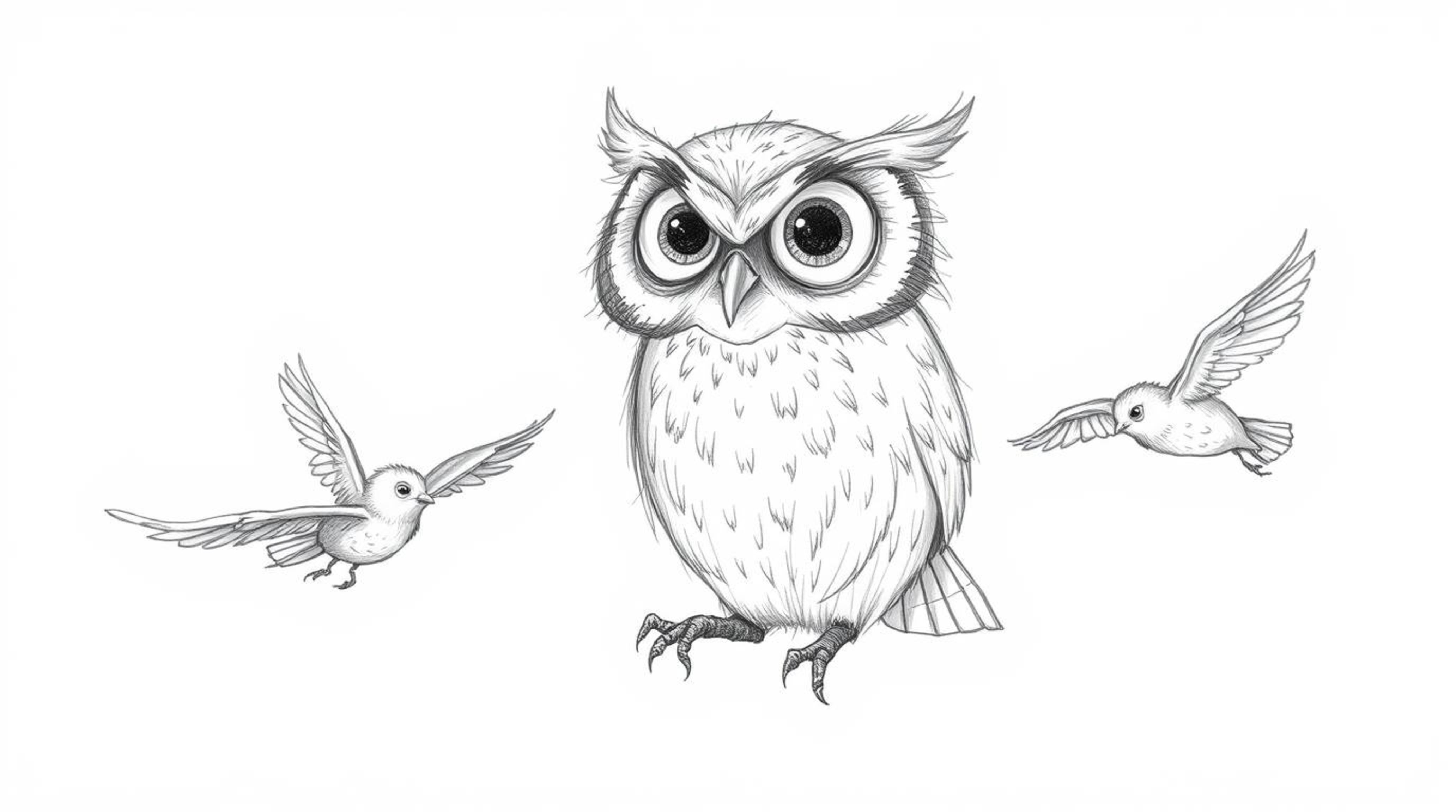 A heartwarming, hand-drawn sketch in the style of Pixar depicts a wise-looking blind owl with large, expressive eyes mentorin