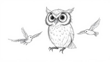 A heartwarming, hand-drawn sketch in the style of Pixar depicts a wise-looking blind owl with large, expressive eyes mentorin