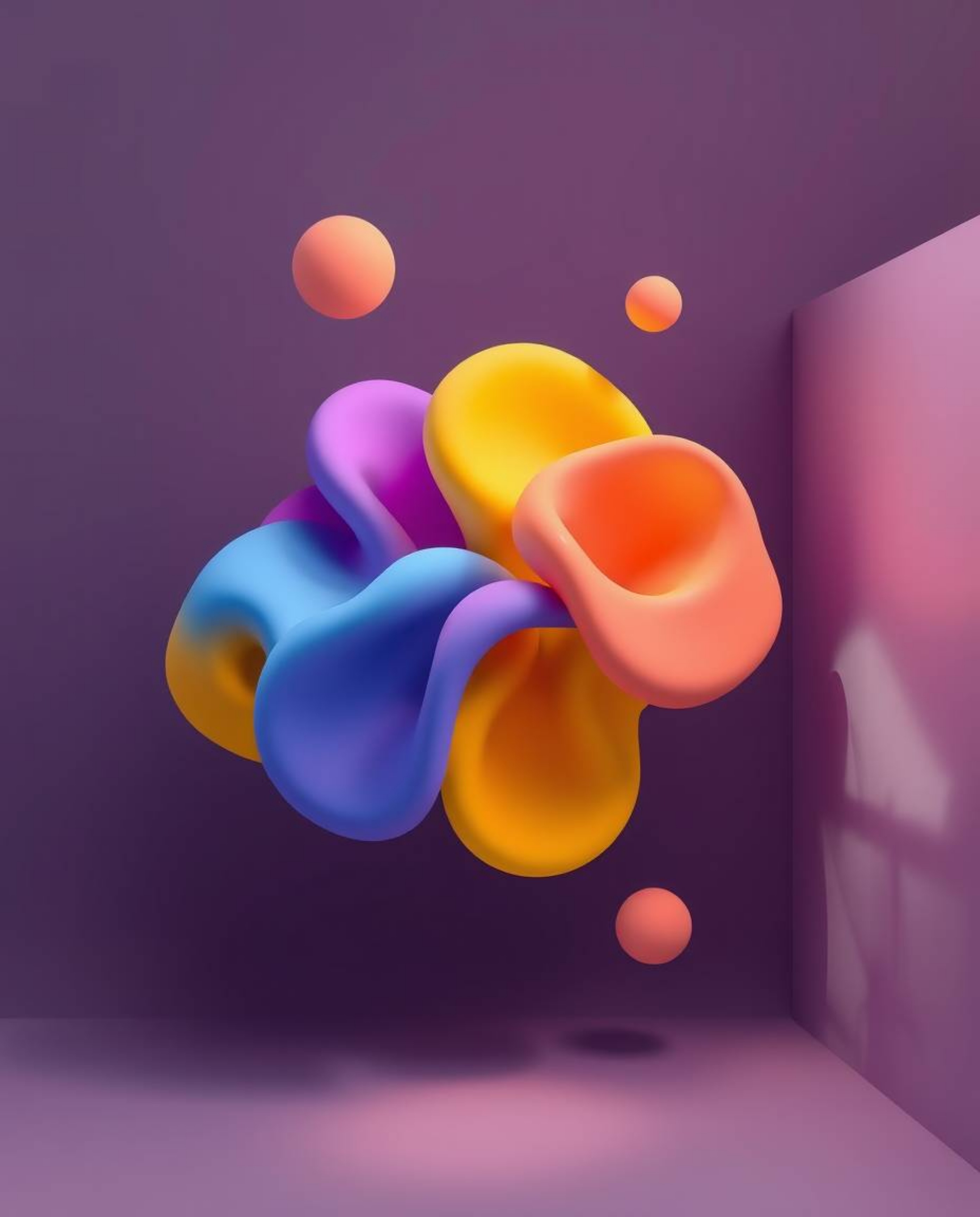 This captivating image features a modern flat design showcasing colorful 3D fluid shapes playfully interacting with geometric