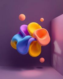 This captivating image features a modern flat design showcasing colorful 3D fluid shapes playfully interacting with geometric