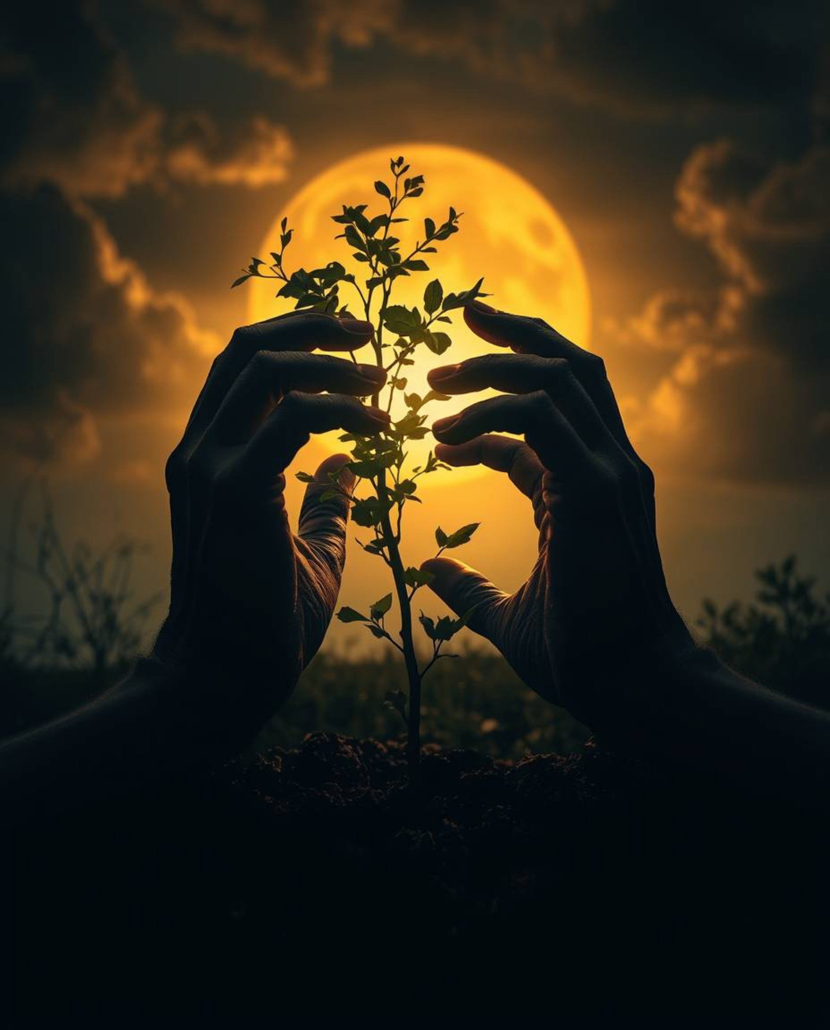 A captivating image depicting hands planting a tree beneath a dramatic golden sky.  Dark tones and unsettling details create 