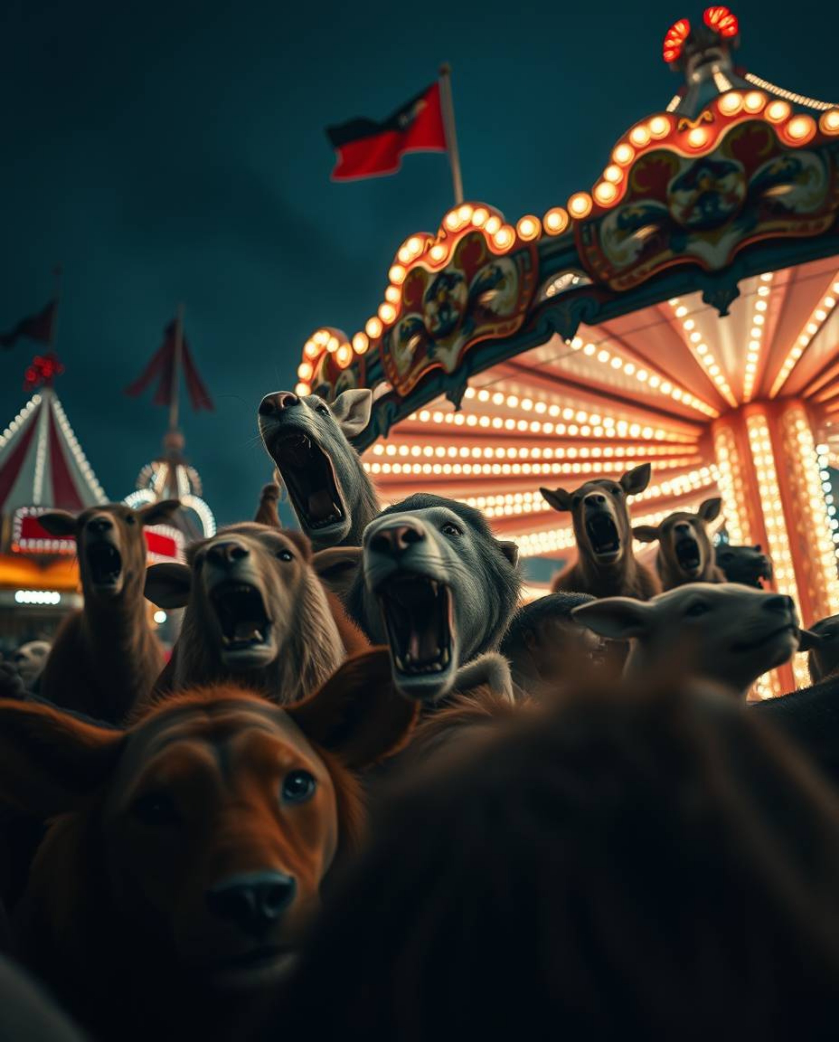 Experience a surreal scene in this extreme macro close-up capturing a carnival overrun by wild animals. The image is rendered