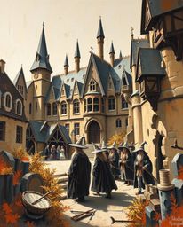 A captivating acrylic painting depicts a magical school brimming with young wizards.  Rendered in strong, natural earth tones