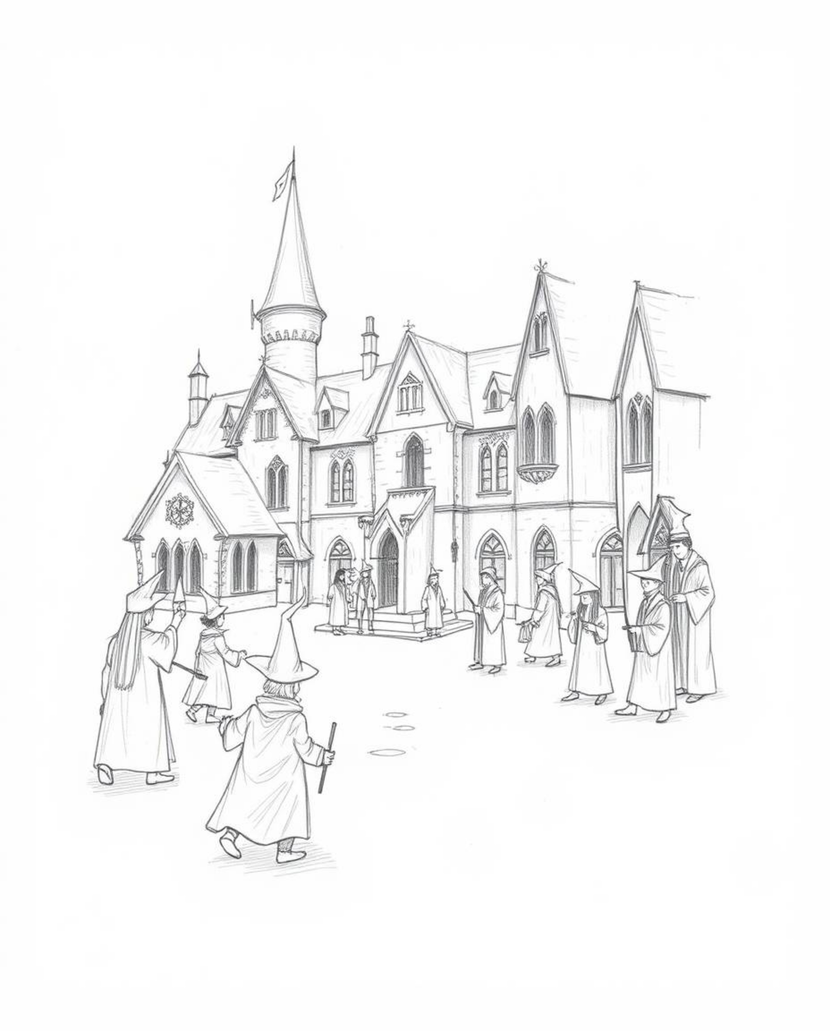 A hand-drawn pencil sketch depicting a magical school bustling with young wizards. The artwork showcases rough lines, texture