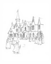 A hand-drawn pencil sketch depicting a magical school bustling with young wizards. The artwork showcases rough lines, texture