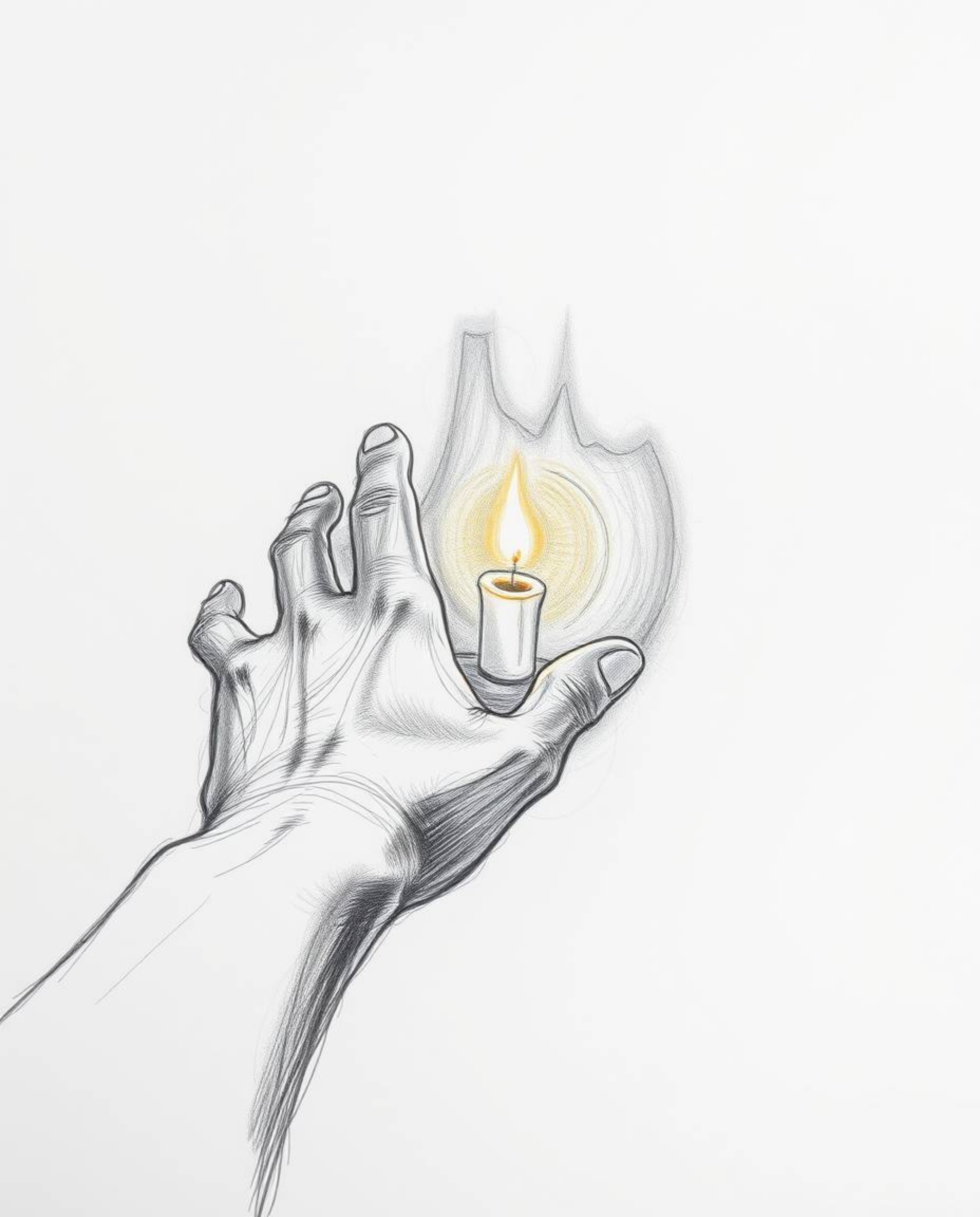 A captivating hand-drawn pencil sketch depicts a hand reaching towards a flickering candle flame emerging from darkness.  The